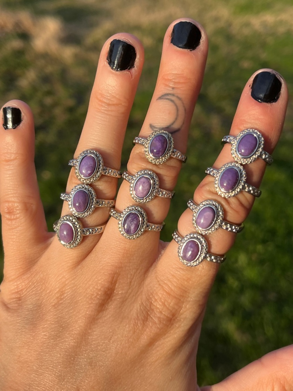 Adjustable Silver Purple Charoite Gemstone Ring - Women Jewelry